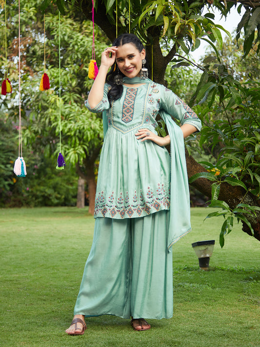 Solid Resham Kutch Embroidered High Slit Kurta With Palazzo & Dupatta - Pastel Sea Green