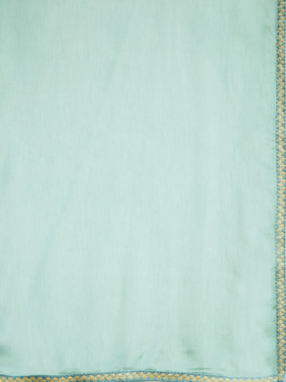 Solid Resham Kutch Embroidered High Slit Kurta With Palazzo & Dupatta - Pastel Sea Green