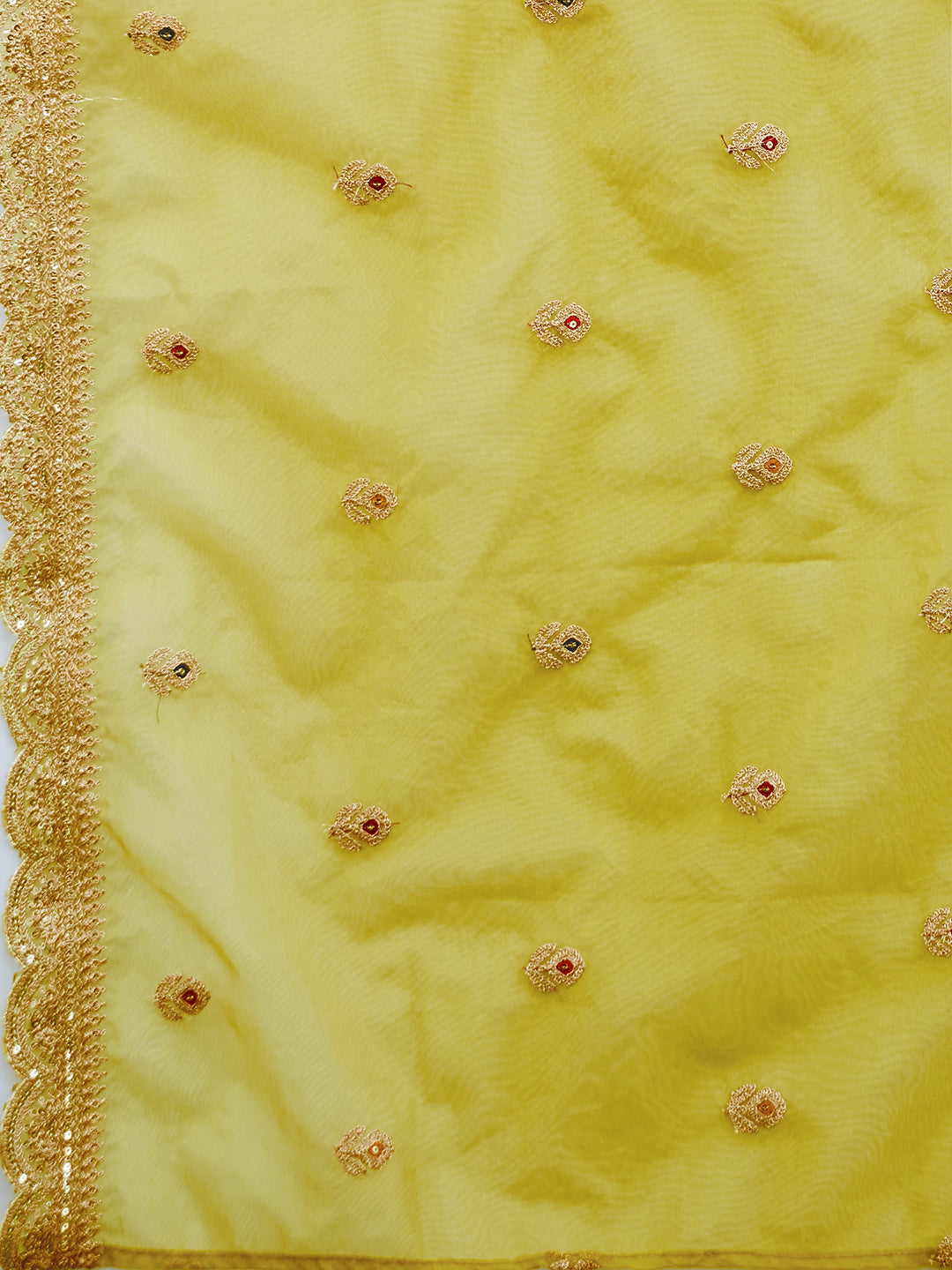 Solid Zari Embroidered Jacquard Kurta With Pants & Dupatta - Mustard Green
