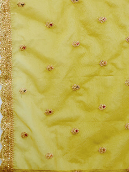 Solid Zari Embroidered Jacquard Kurta With Pants & Dupatta - Mustard Green