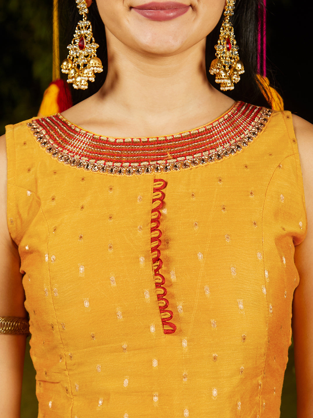 Ethnic Hand Embroidered Straight Kurta with Pants & Dupatta - Yellow