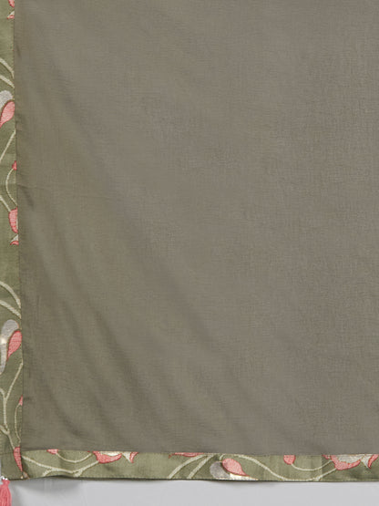 Floral Printed & Embroidered A-Line Kurta with Pant & Dupatta - Green