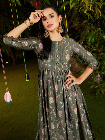 Floral Printed & Embroidered A-Line Kurta with Pant & Dupatta - Green
