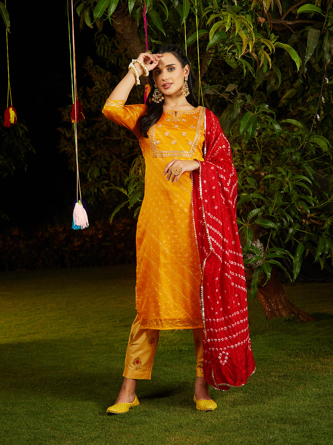 Buy Deep Red Bandhani Cotton Kurta with Pants and Dupatta Set of 3 Online  at Jayporecom