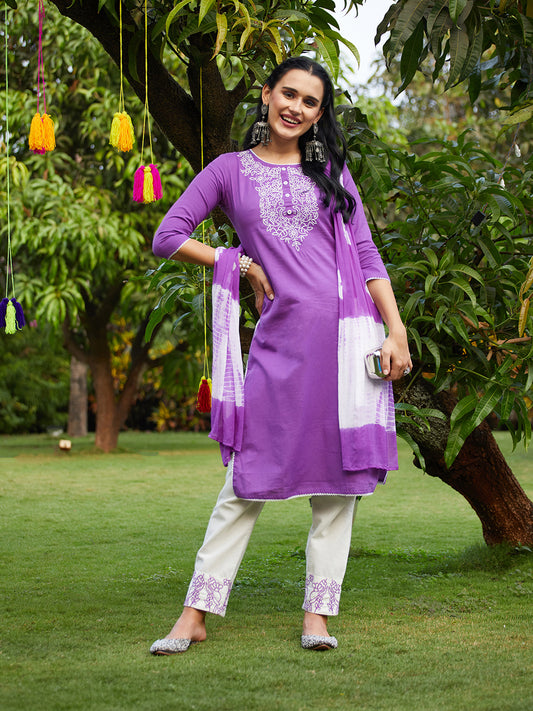 Solid Resham Embroidered Kurta With Pants & Dupatta - Violet