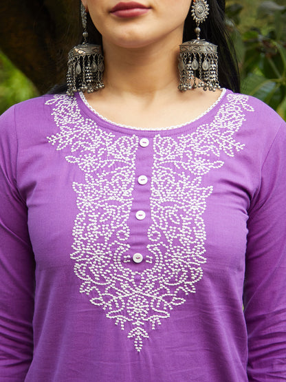 Solid Resham Embroidered Kurta With Pants & Dupatta - Violet