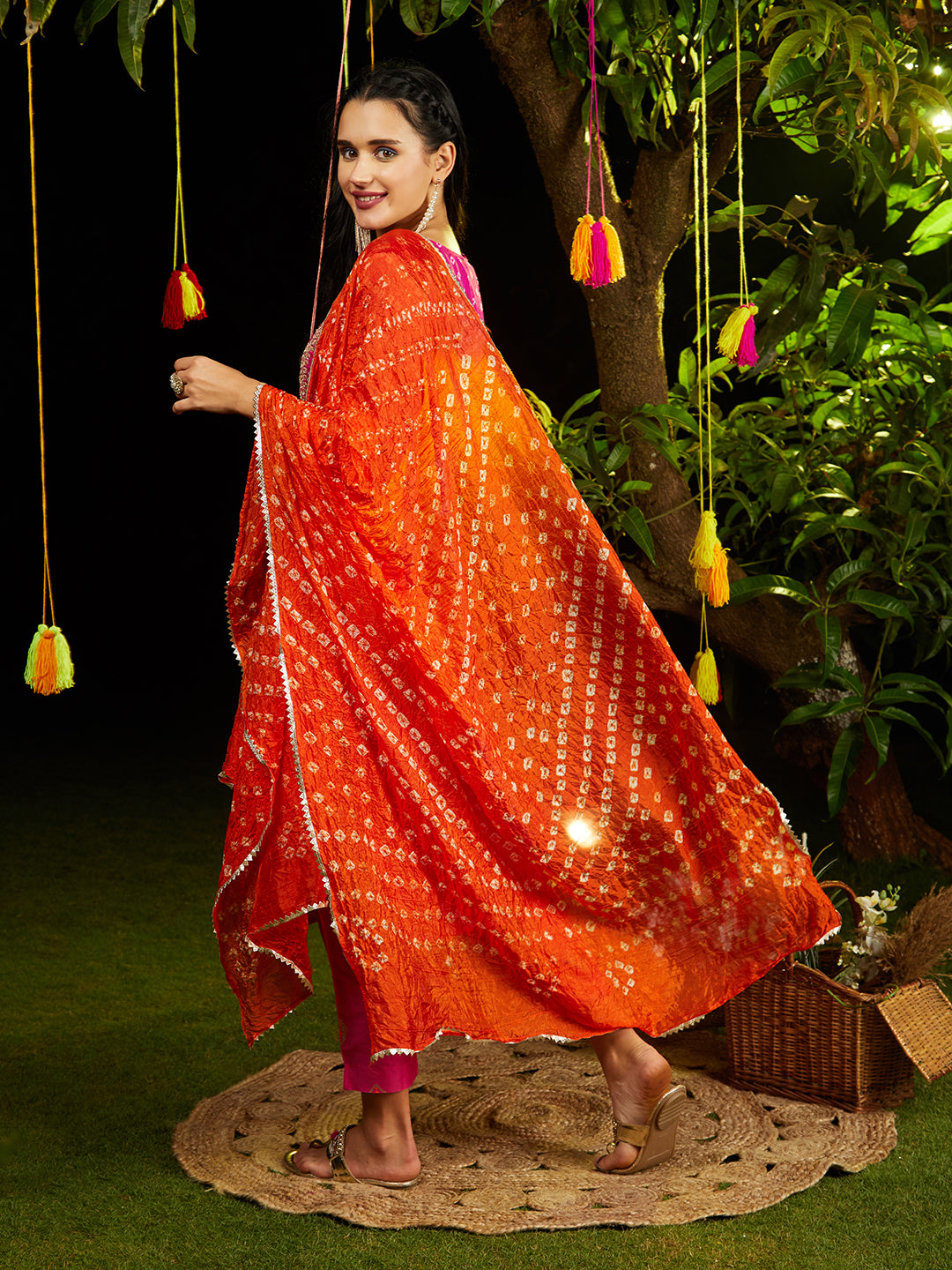 Bandhani Printed & Embroidered Straight Kurta with Pant & Dupatta - Ra –  FASHOR