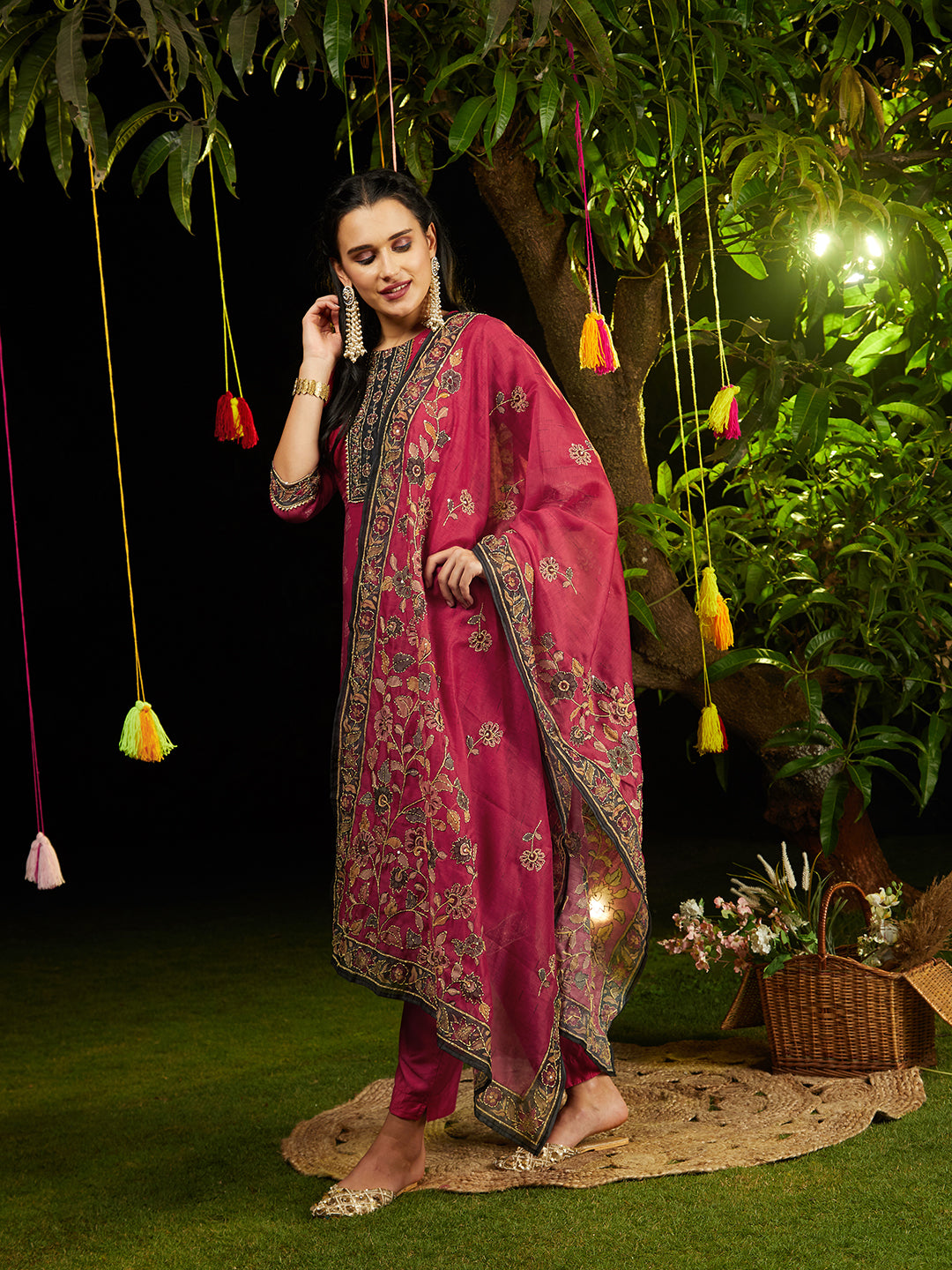Kantha Hand Embroidered & Printed Kurta with Pants & Dupatta - Cherry Red