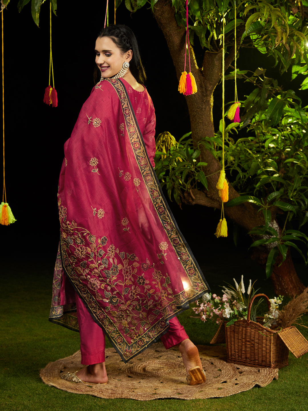 Kantha Hand Embroidered & Printed Kurta with Pants & Dupatta - Cherry Red