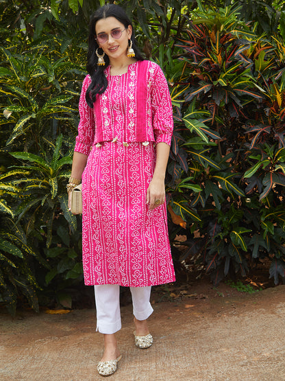 Bandhani Printed Kurta & Embroidered Jacket with Solid Ankle Pant - Pink