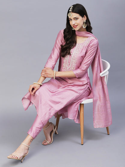 Solid Beads & Pearl Embroidered Kurta With Pants & Striped Dupatta - Pink