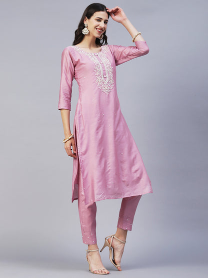 Solid Beads & Pearl Embroidered Kurta With Pants & Striped Dupatta - Pink