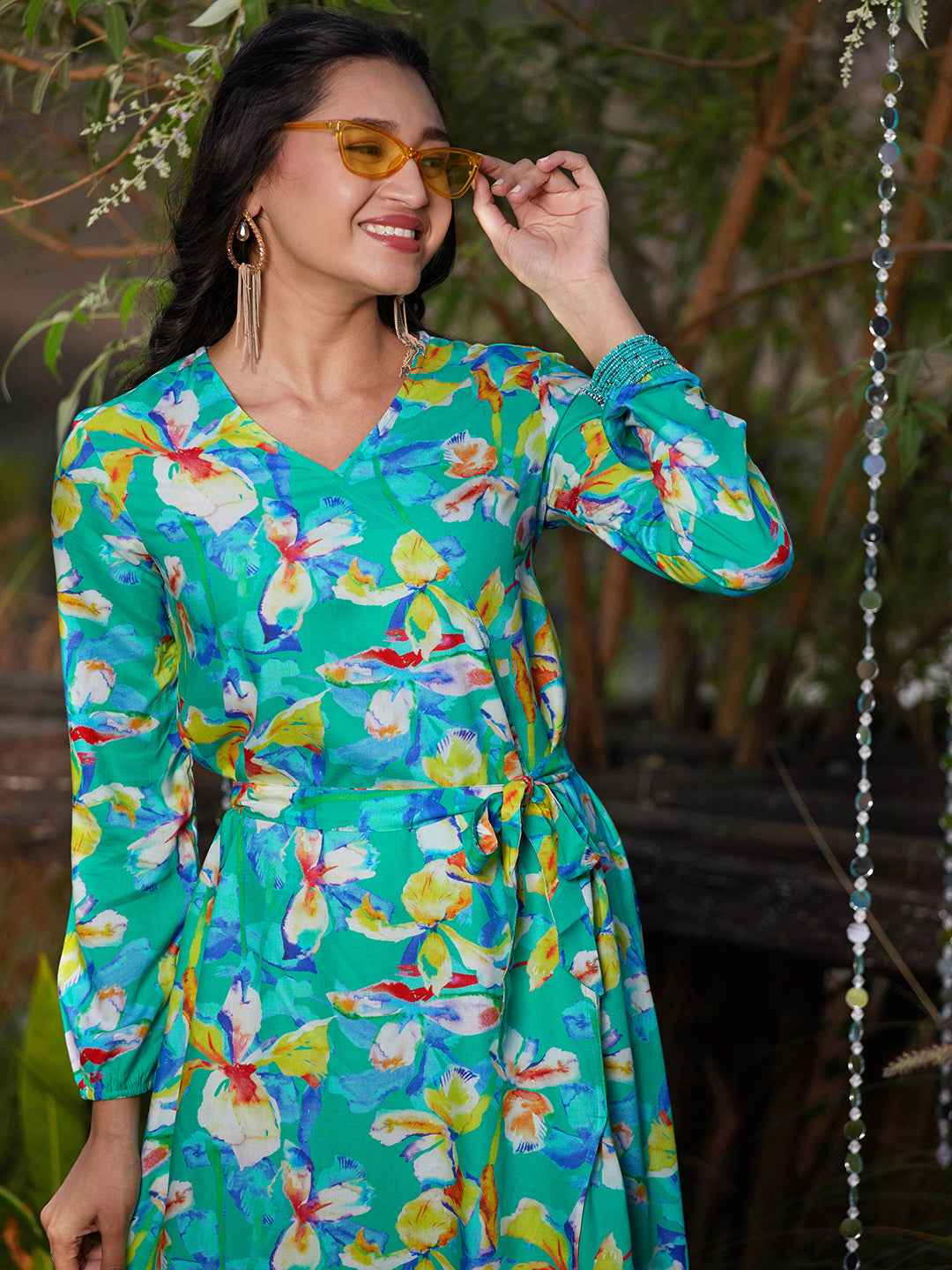 Tropical Floral Printed A-Line Wrap Midi Dress - Green