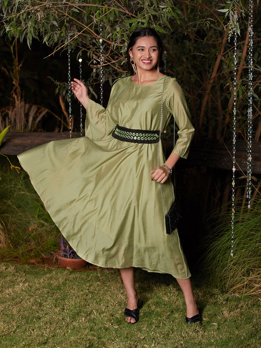 Solid Kaftan Dress with Mirror Embroidered Belt - Light Green