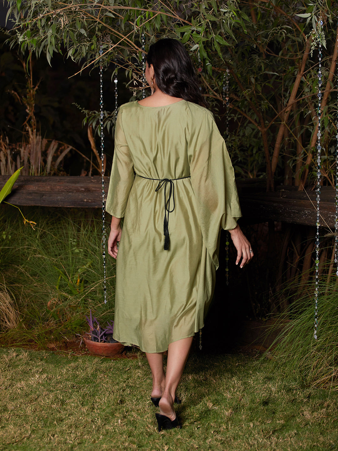 Solid Kaftan Dress with Mirror Embroidered Belt - Light Green