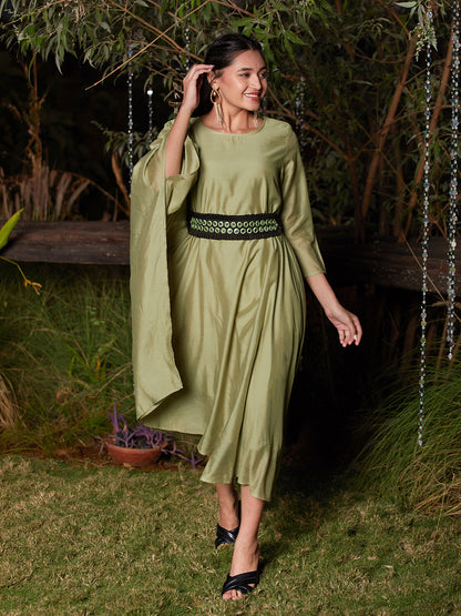 Solid Kaftan Dress with Mirror Embroidered Belt - Light Green