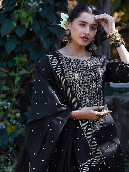 Solid Floral Embroidered Straight Fit Kurta with Pant & Dupatta - Black