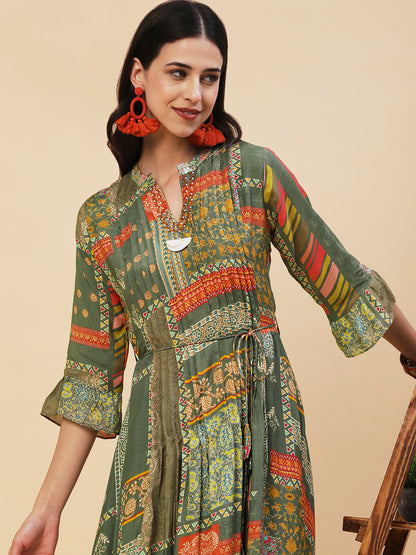Ethnic Printed & Embroidered A-Line Maxi Dress - Green