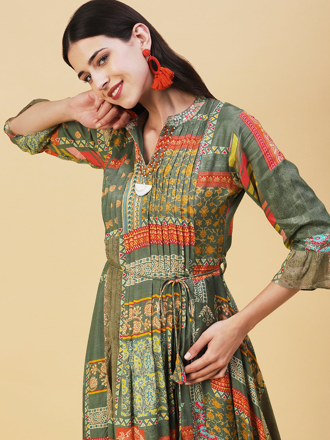 Ethnic Printed & Embroidered A-Line Maxi Dress - Green