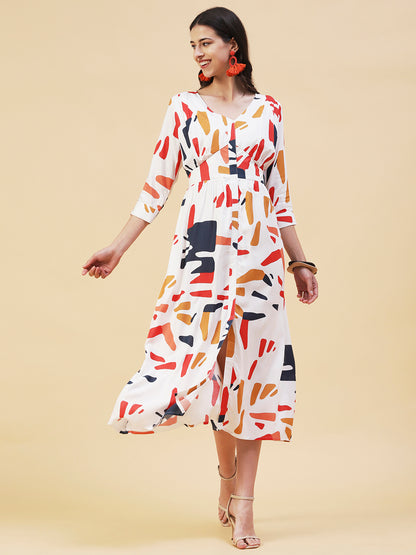 Abstract Printed A- Line Flared Midi Dress - White