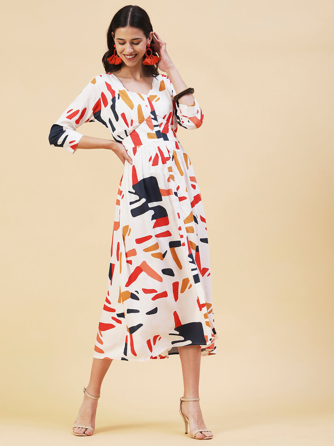 Abstract Printed A- Line Flared Midi Dress - White