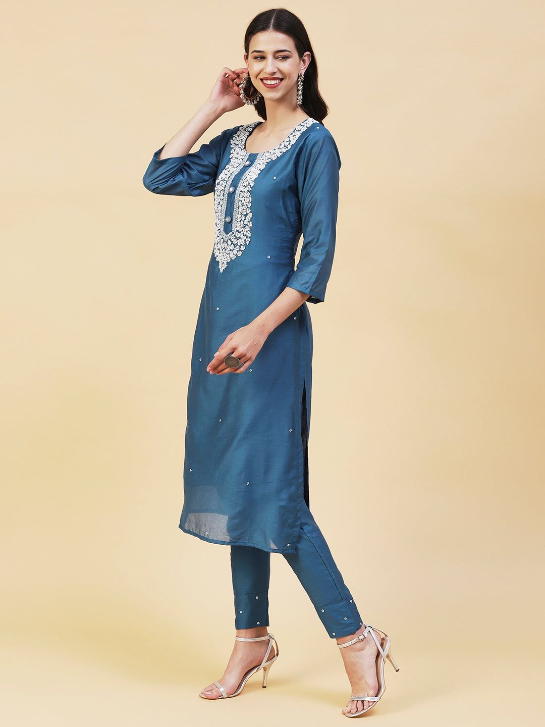 Ethnic Hand Embroidered Straight Fit Kurta with Pant & Dupatta - Teal Blue