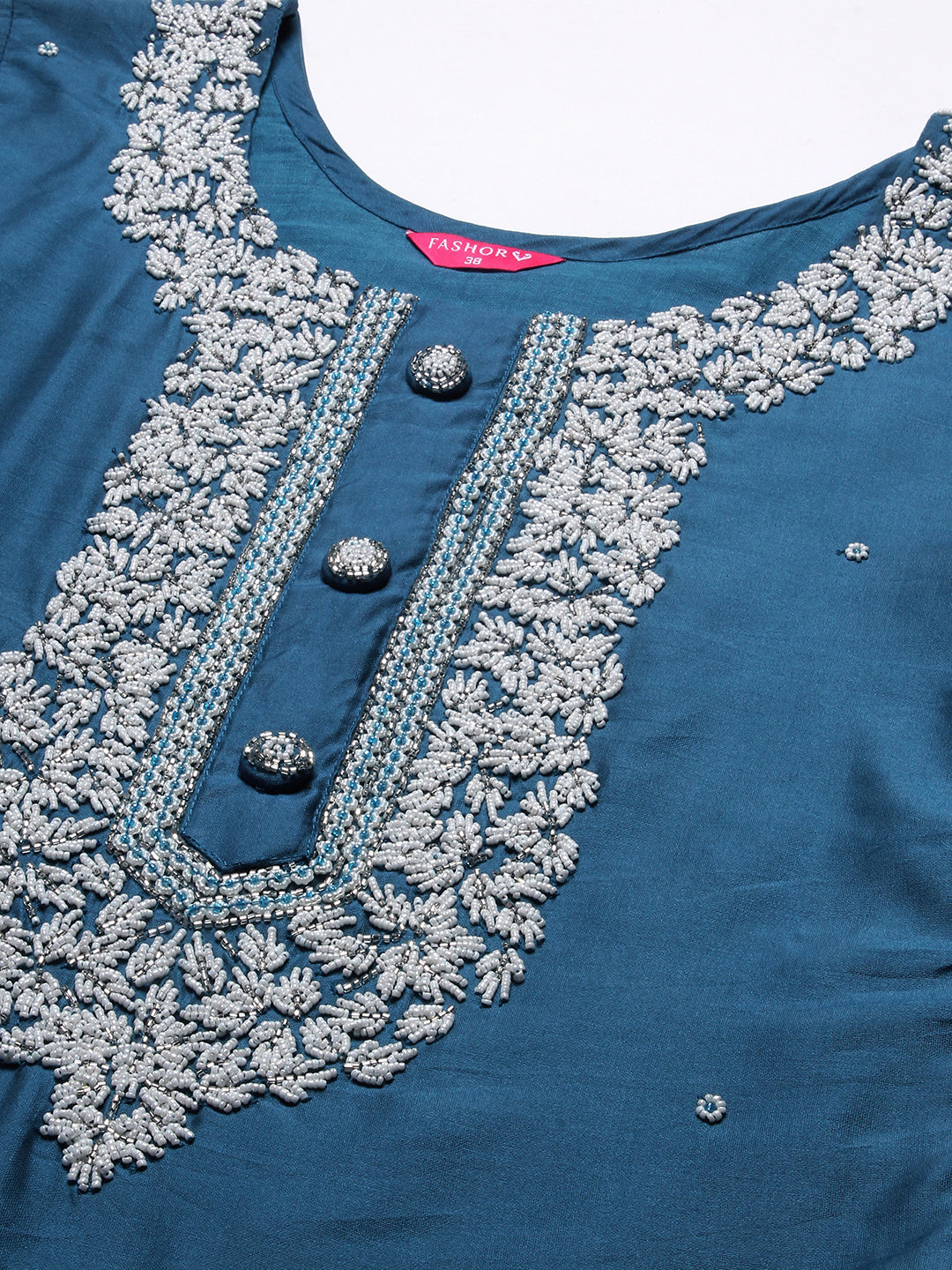 Ethnic Hand Embroidered Straight Fit Kurta with Pant & Dupatta - Teal Blue