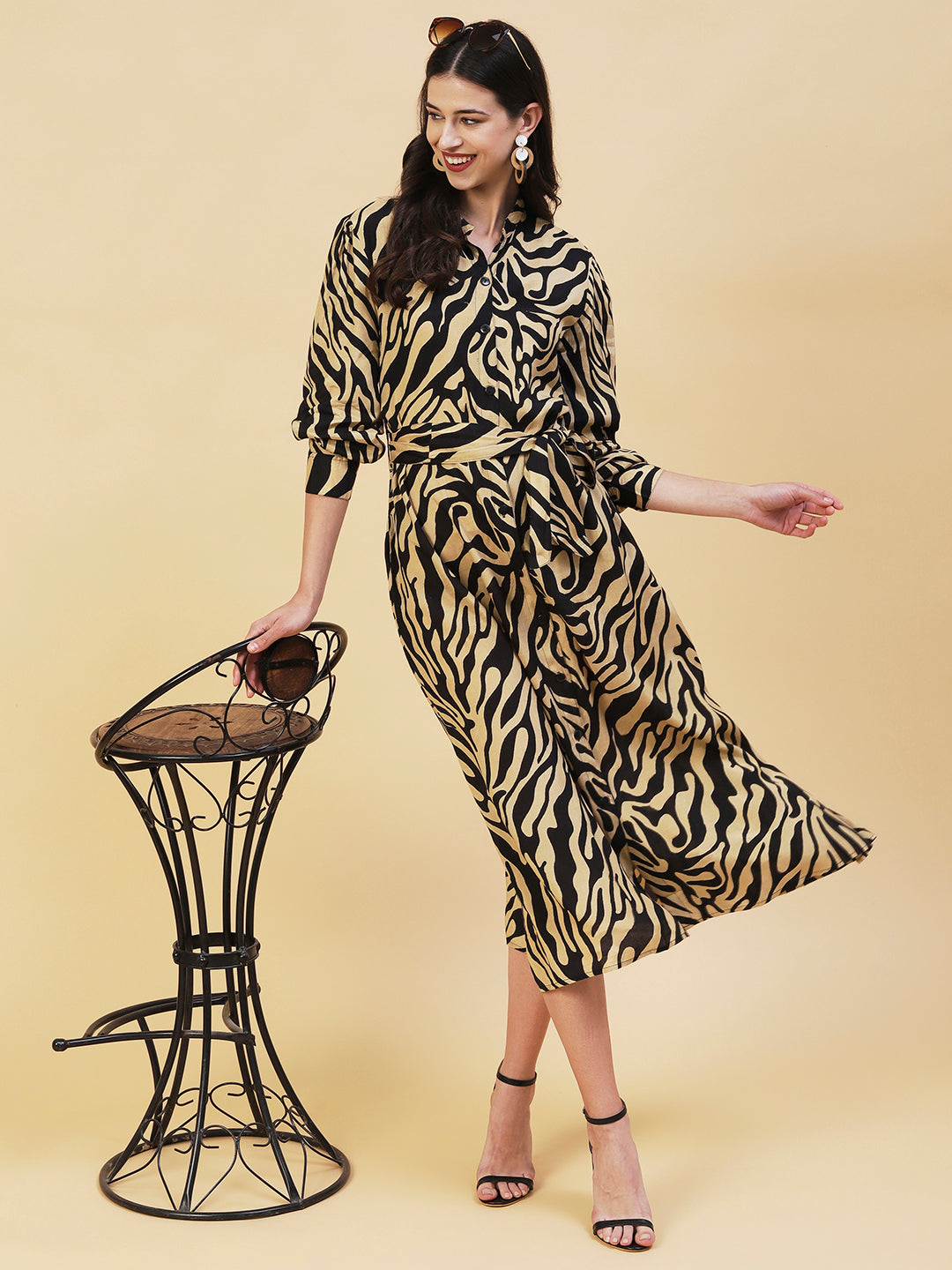 Zebra Printed A-line Belted Midi Dress - Black & Cream