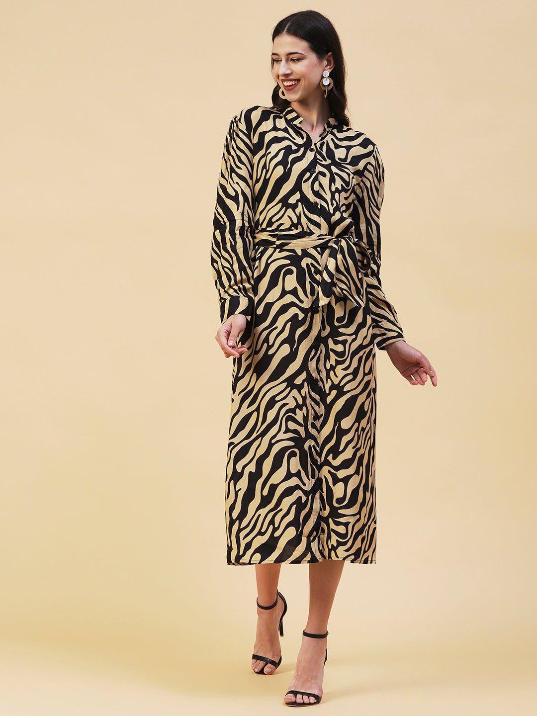 Zebra Printed A-line Belted Midi Dress - Black & Cream