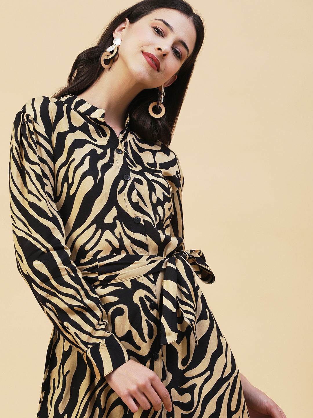 Zebra Printed A-line Belted Midi Dress - Black & Cream FASHOR Zebra Printed A-line Belted Midi Dress - Black & Cream FASHOR