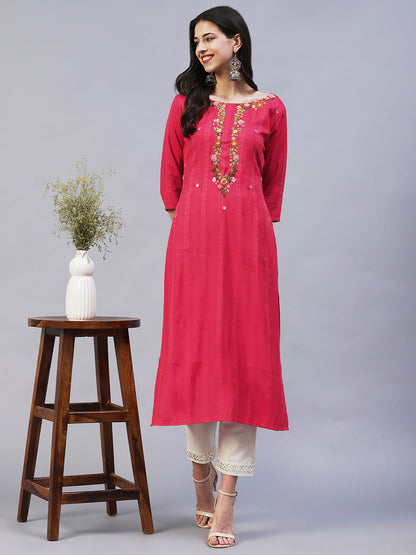 Floral Hand Embroidered Straight Fit Kurta - Pink