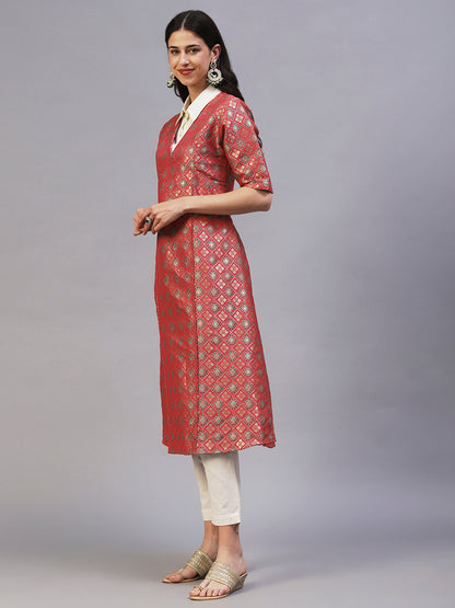 Ethnic Patola Brocade A-Line Midi Dress with Shirt - Coral