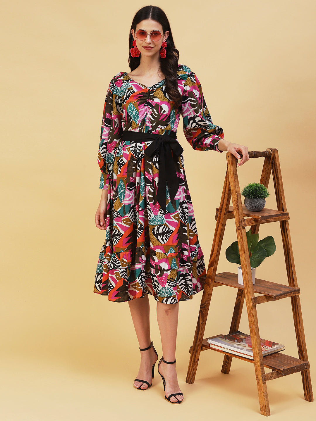 Abstract Tropical Printed Fit & Flare Midi Dress - Multi
