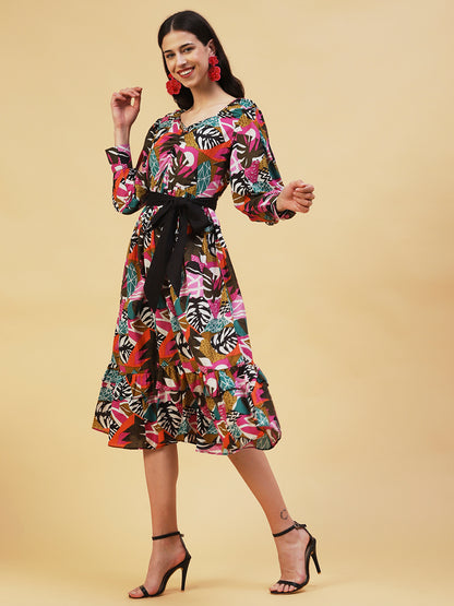 Abstract Tropical Printed Fit & Flare Midi Dress - Multi
