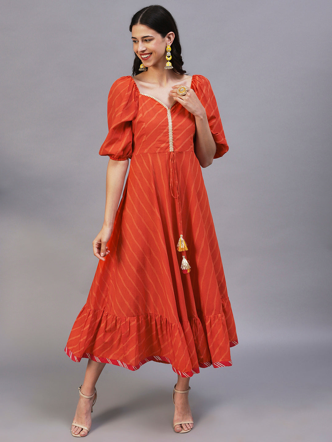 Leheriya Printed Fit & Flare Maxi Dress - Orange