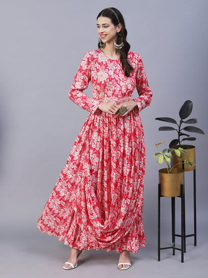 Floral Printed & Hand Embroidered Flared Maxi Dress with Belt - Multi –  FASHOR