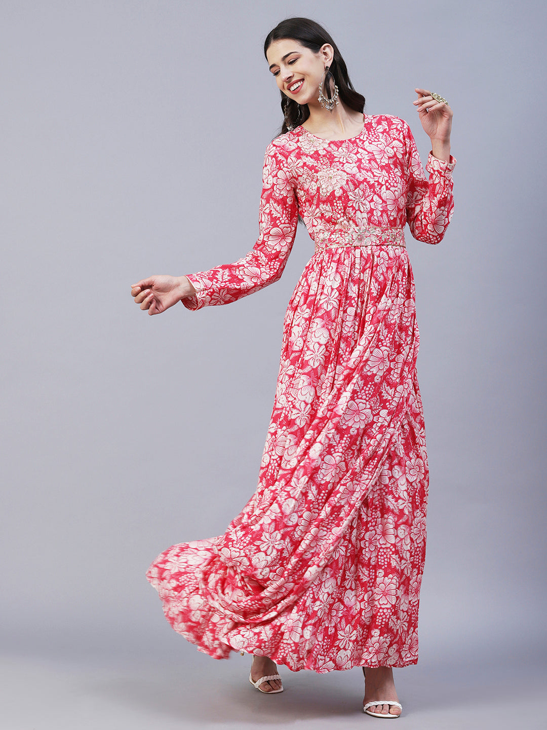 Pink Floral Print Maxi Dress – Indian Rani