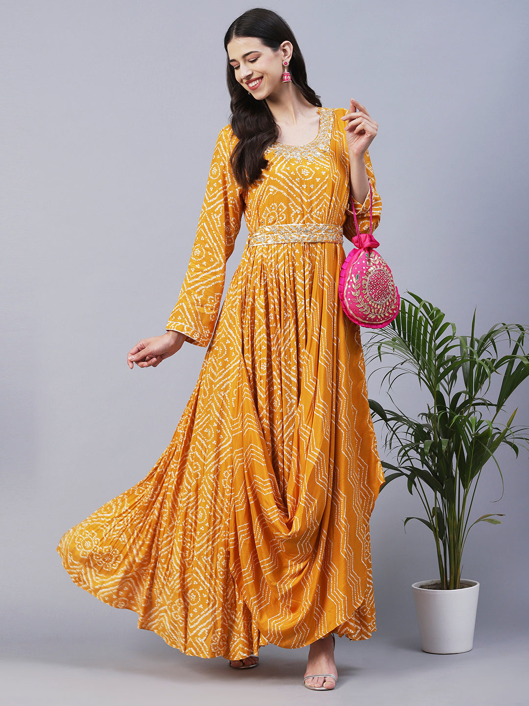 Bandhani Printed & Hand Embroidered Fit & Flare Maxi Dress with Belt - Mustard