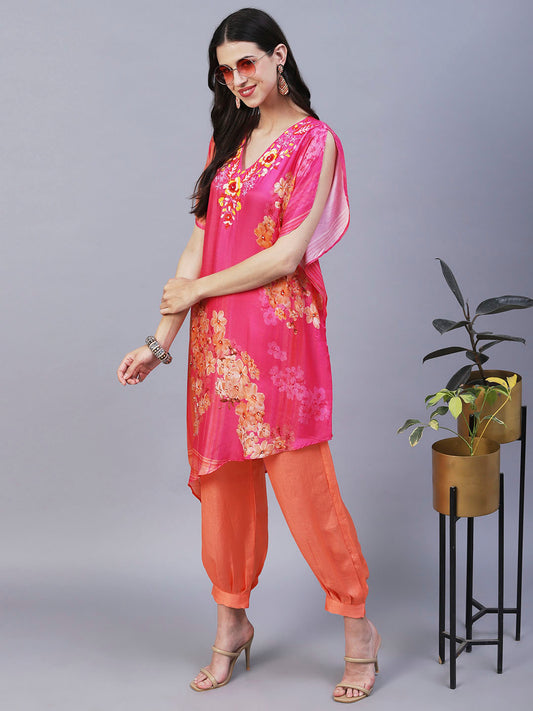 Floral Printed Ombre Dyed Sequins Embroidered Kurta With Harem Pants - Pink