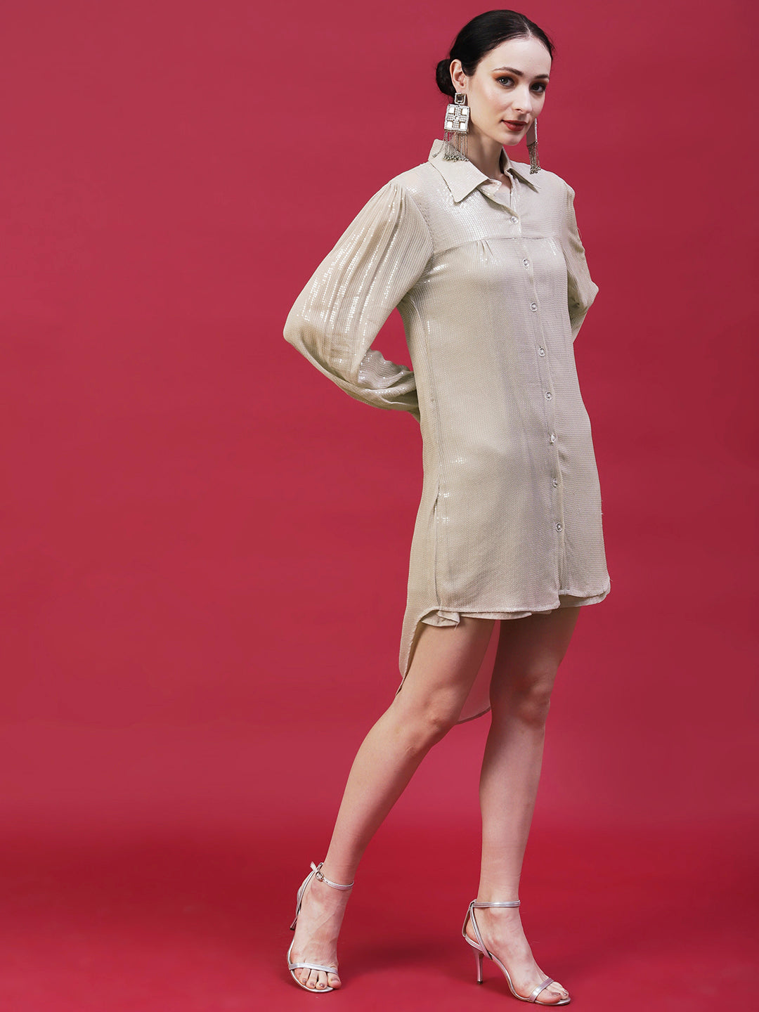 Solid Sequined Shirt Dress With A-Line Inner - Beige