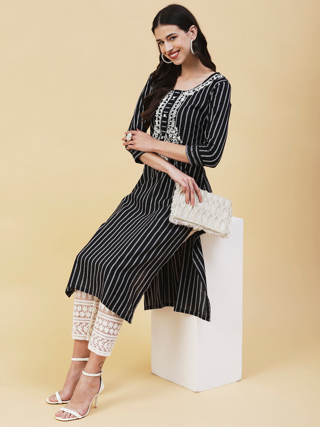 Woven Striped Resham & Sequins Embroidered Kurta - Black