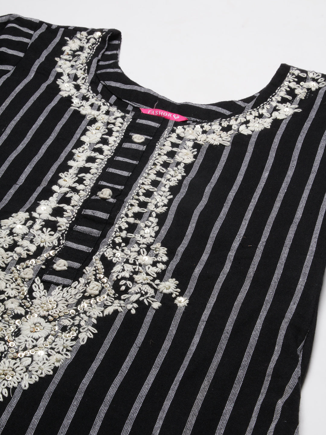 Woven Striped Resham & Sequins Embroidered Kurta - Black
