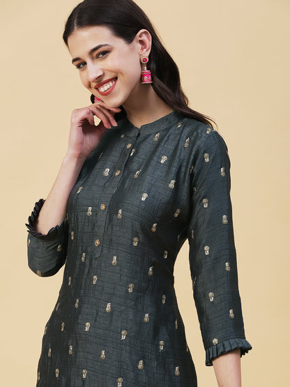 Solid Zari & Sequins Embroidered Floral Kurta - Charcoal