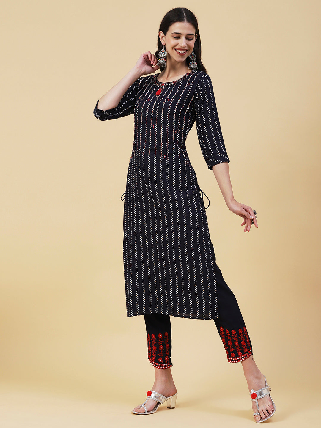 Ethnic Striped Mirror & Hotfix Embroidered Kurta With Embroidered Pants - Navy Blue