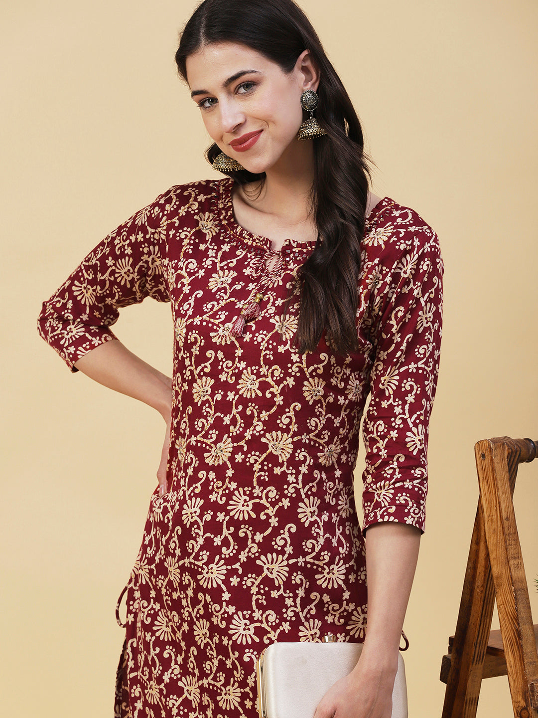 Floral Printed Mirror Embroidered Kurta With Floral Pants - Maroon