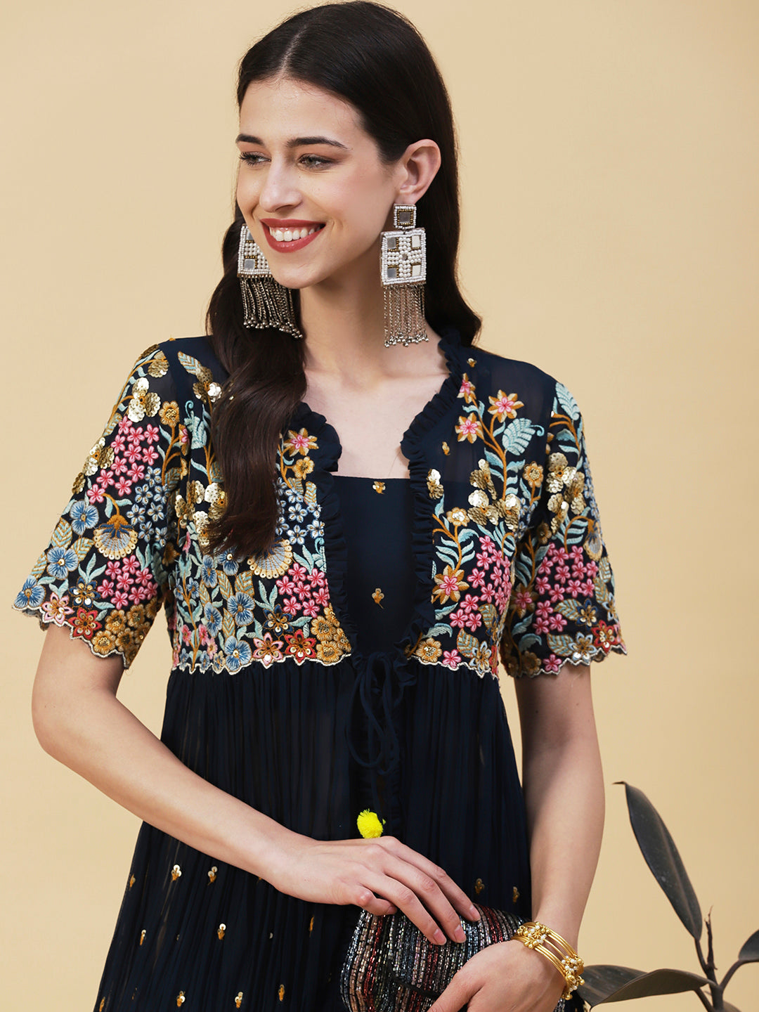 Solid Top with Flared Palazzo & Floral Embroidered Long Jacket - Teal Blue