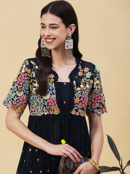 Solid Top with Flared Palazzo & Floral Embroidered Long Jacket - Teal Blue