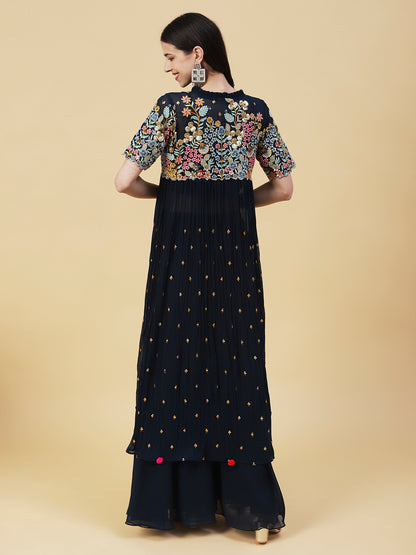 Solid Top with Flared Palazzo & Floral Embroidered Long Jacket - Teal Blue