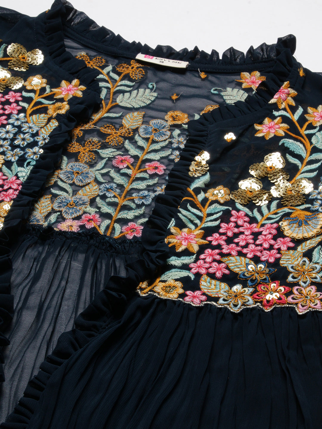 Solid Top with Flared Palazzo & Floral Embroidered Long Jacket - Teal Blue