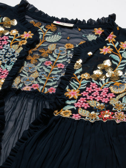 Solid Top with Flared Palazzo & Floral Embroidered Long Jacket - Teal Blue